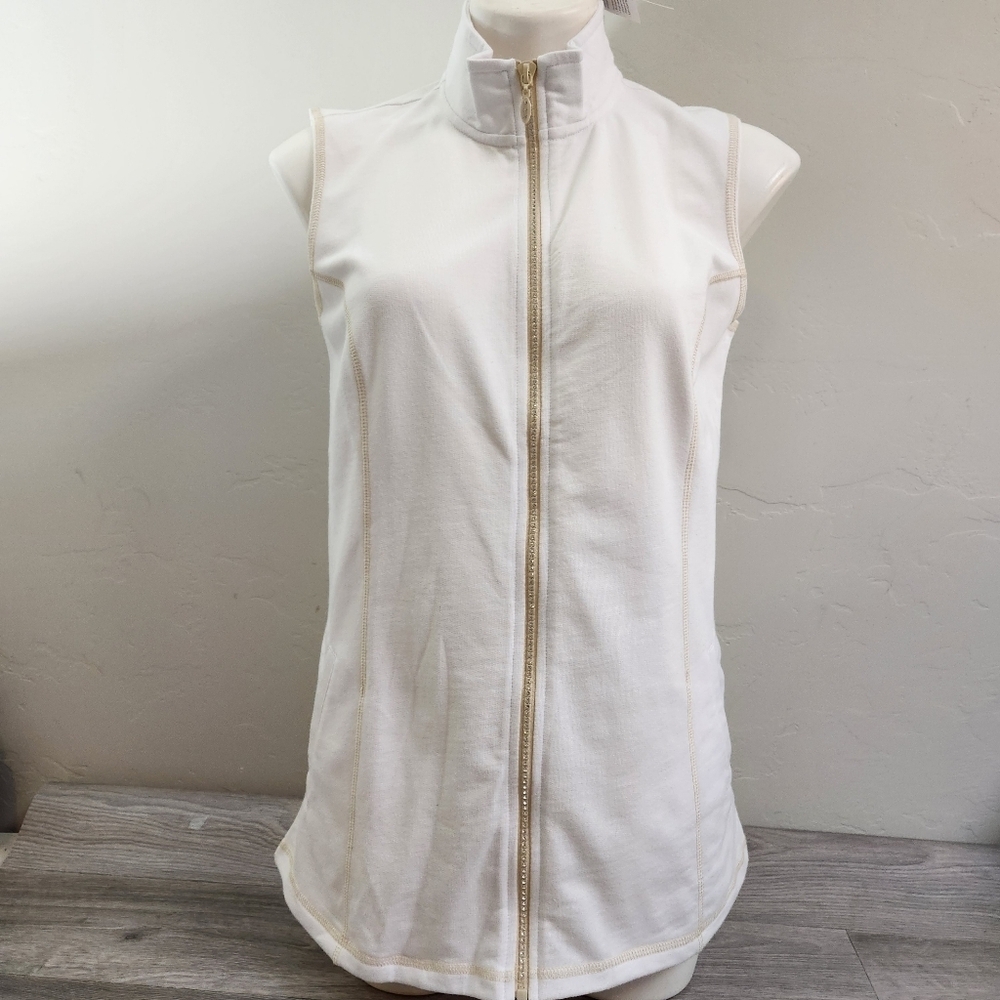 Quacker Factory White Vest‎ XS Embelished Full Zip NEW Rhinestones Moc Neck